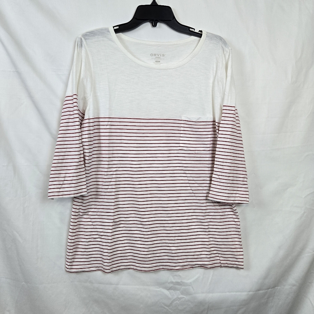 Orvis Women's White Red Stripe Classic Fit 3/4 Sleeve Organic Cotton Tee Large